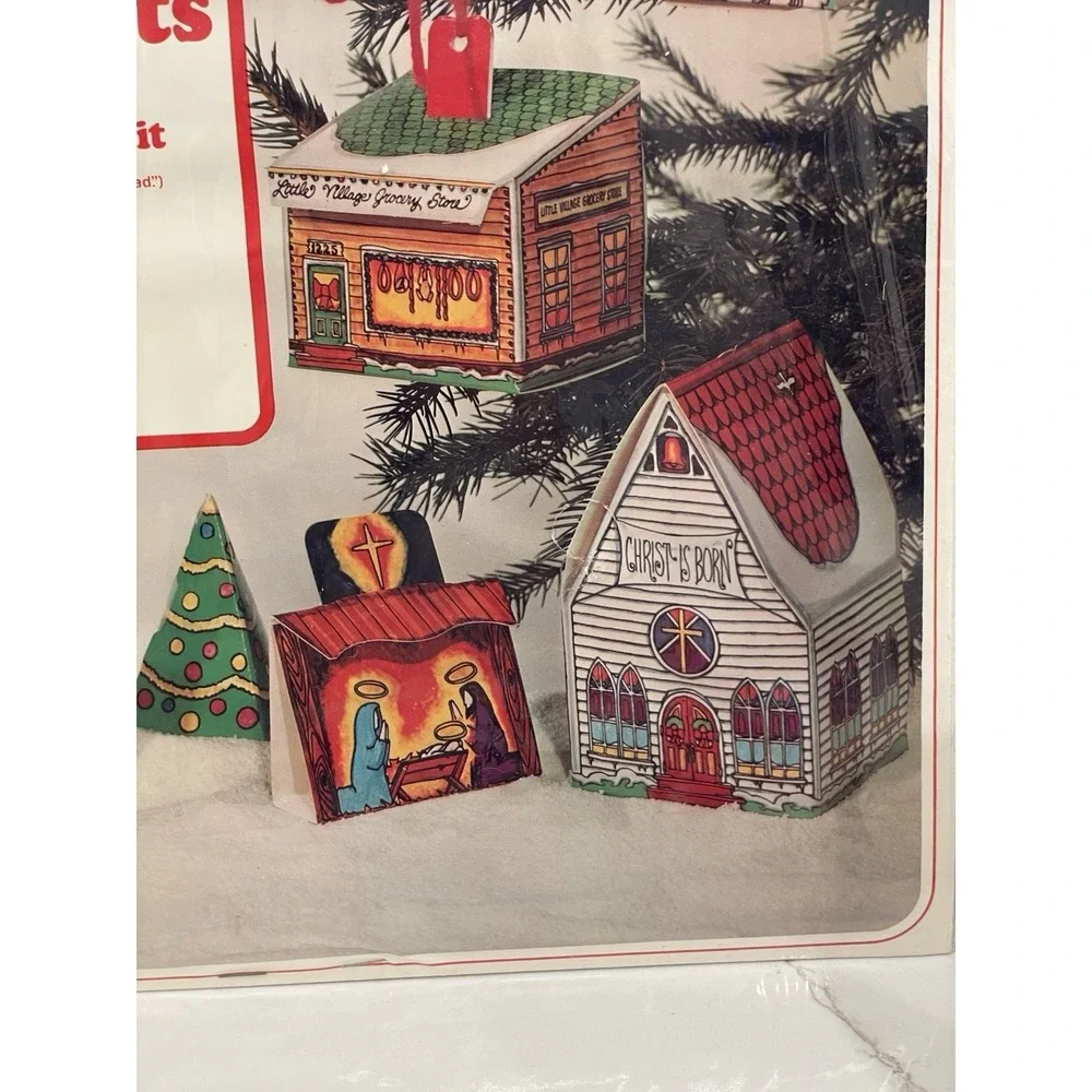 Vintage Little Village 16 Tree Ornaments Boxes Assemble Kits Cardboard Craft New